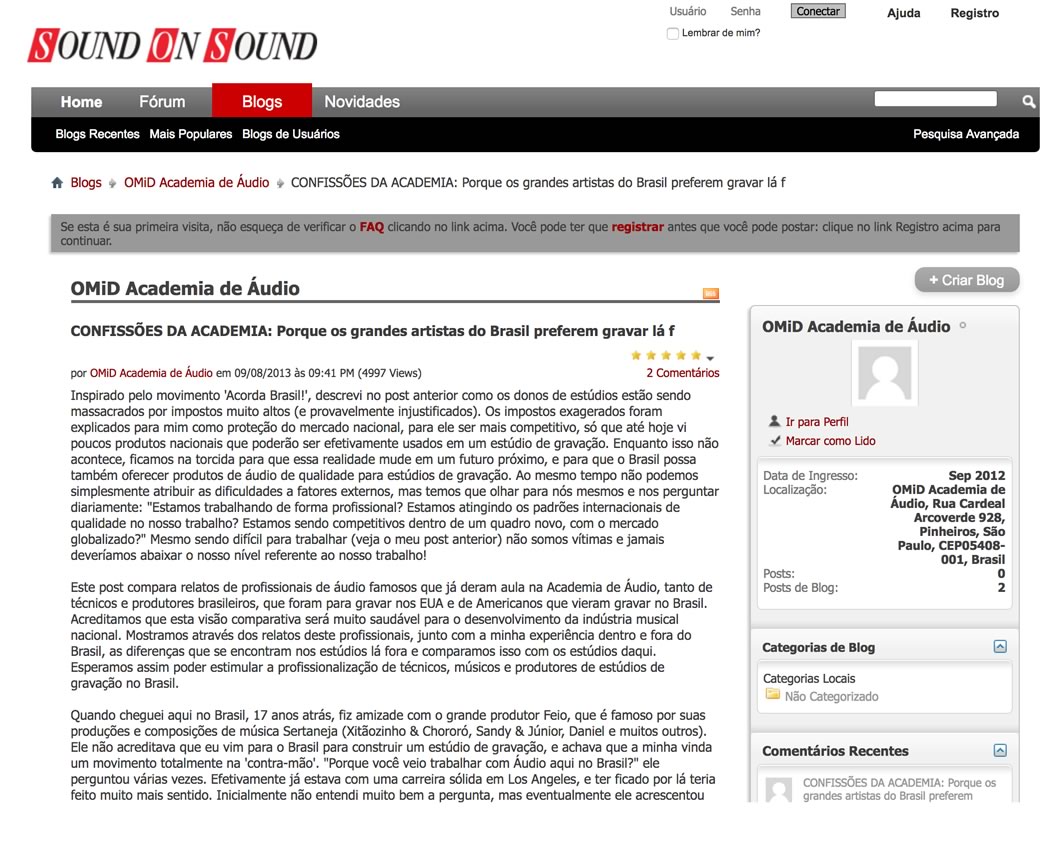 Artigos de Áudio e Acústica na Sound on Sound