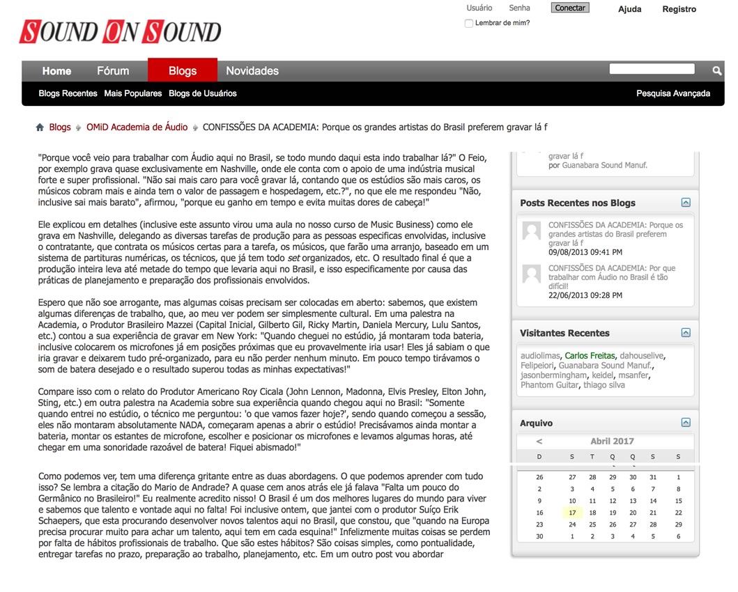 Artigos de Áudio e Acústica na Sound on Sound